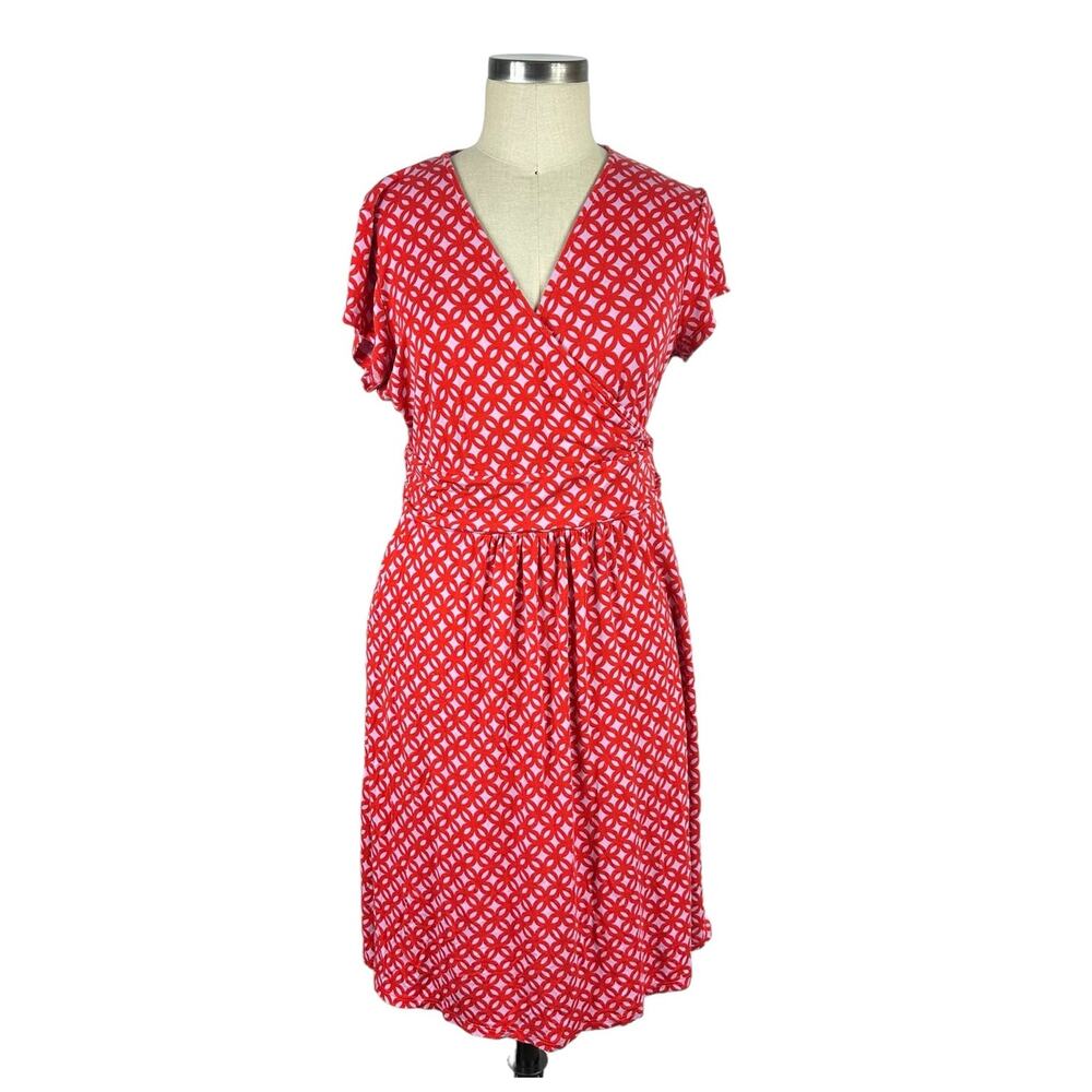 Boden Red Pink Lavender Printed Wrap-Style Midi Dress with Pockets